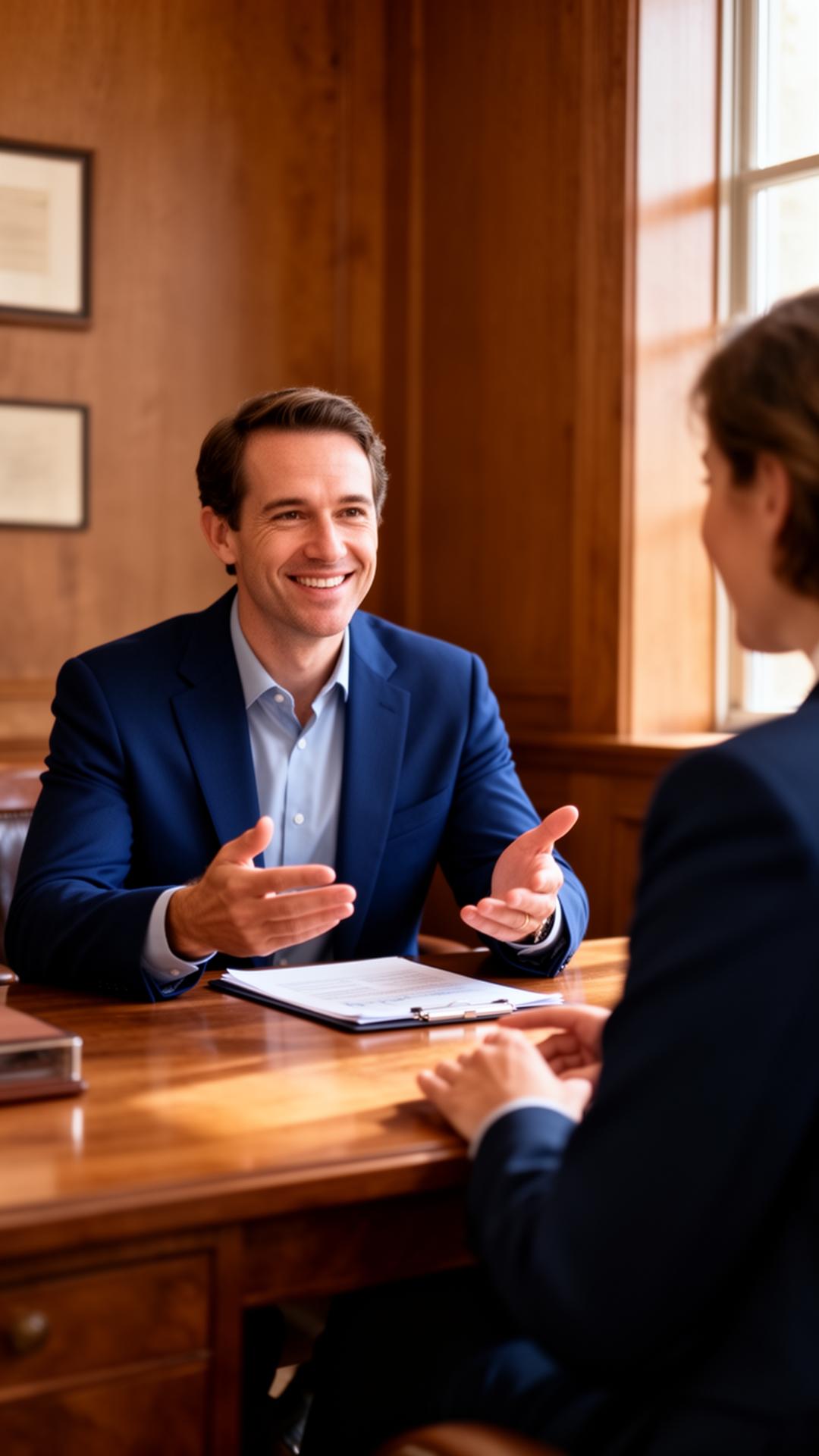A friendly financial advisor in conversation with a client across a wooden desk